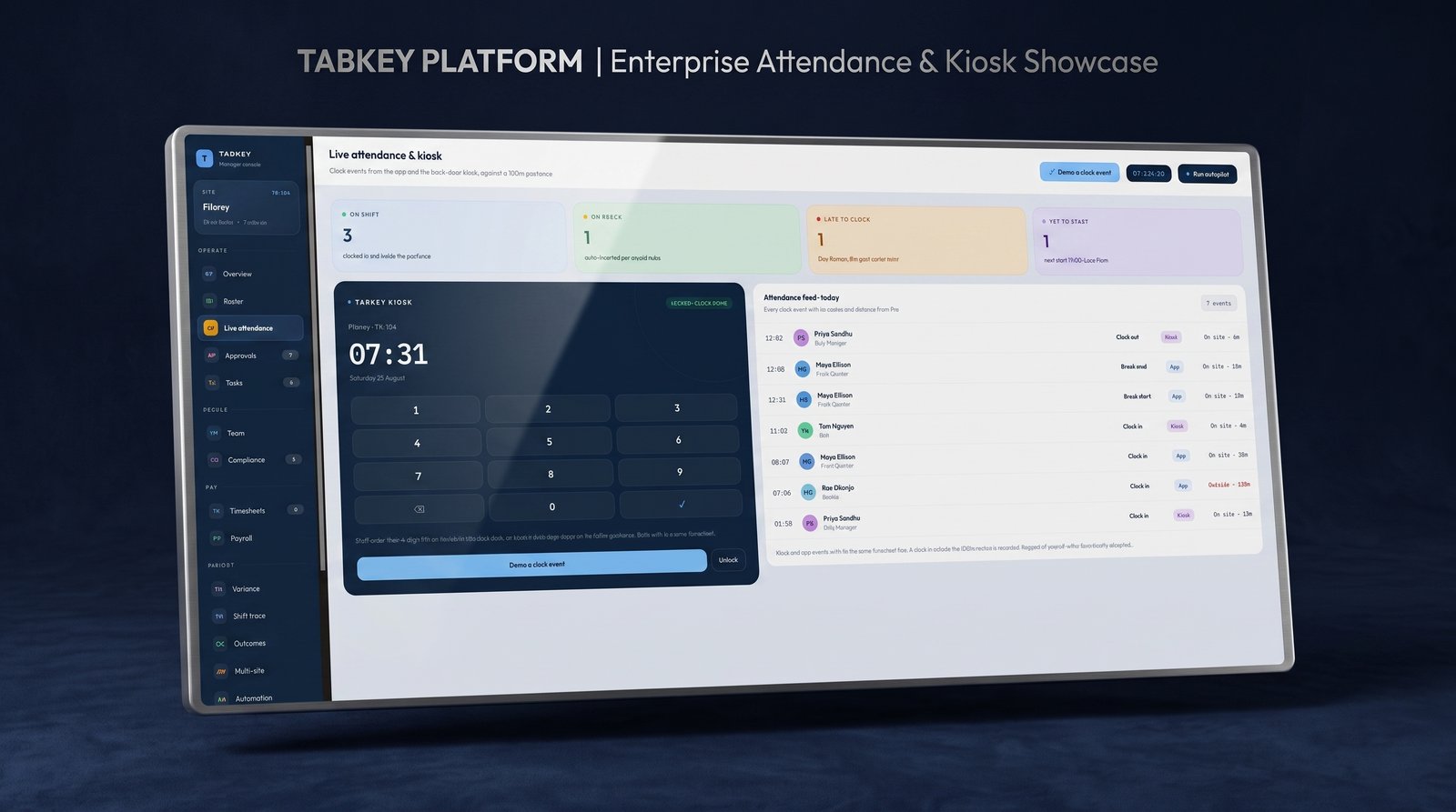 Live attendance and tablet kiosk interface